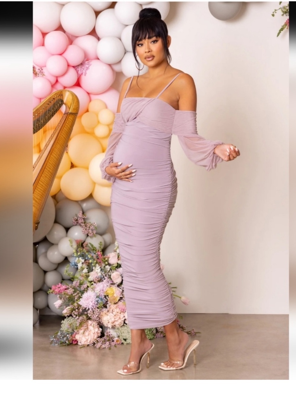 CLUB L LONDON ANNOUNCEMENT TAUPE MATERNITY BARDOT‎ RUCHED MAXI DRESS Lilac 8 US